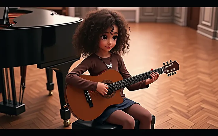 A 2 mixed race girl with curly hair in a tight brown top with long sleeves. Tights up top plays brown guitar. She has a white butterfly necklace. Behind her the back of a closed black grand piano. She looks ahead with a small smile.. Sol parquet 