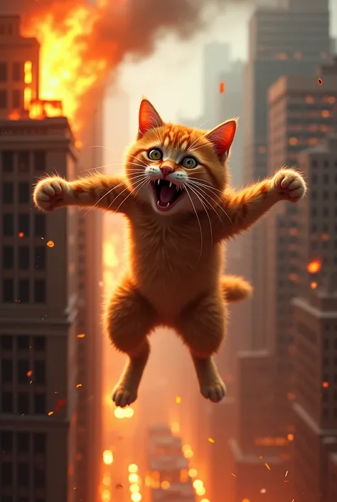 A orange kitty falling from a building in fire
