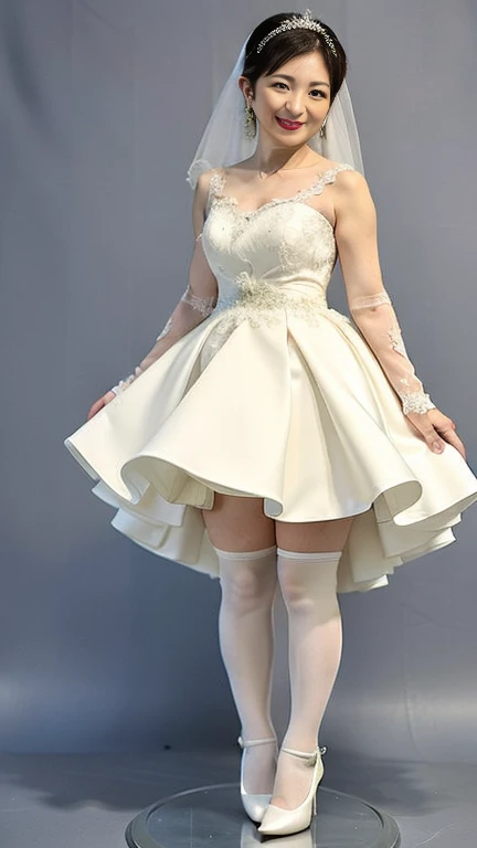 4K、Japanese Mature、(bride:1.2)、(50 years old:1.6)、 (((Plump figure、Emphasizes plump thighs)))、 Earrings、((Wedding Dress、Ultra short micro mini skirt:1.3))、stockings、High heels、 Standing、Plain background、(Full body shot from head to toe:1.2)、Shoot the front