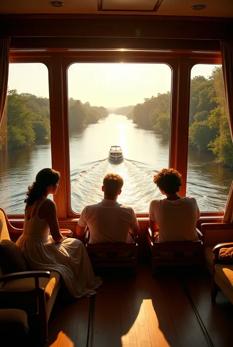 a view from inside a luxury river barge sailing on the pangalanes canal in madagascar. The view will be towards the front of the boat through bay windows