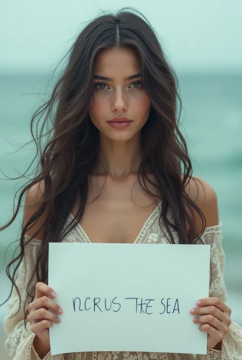 A beautiful girl with long wavy hair, wearing a bohemian dress, holding a white sign with the text "Jadore Seaart Infinity" and showing it to the viewer.