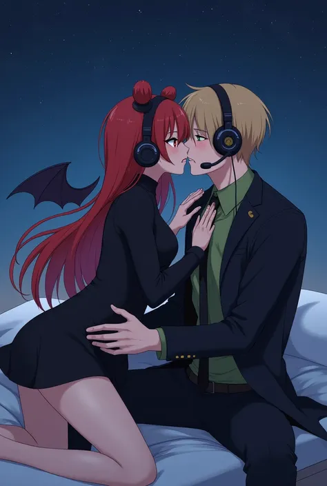 Current style anime girl under the stars with long soft red hair , angry red eyes and black turtleneck clothes with a short black skirt with a black headband with bat wings on the sides and two hair buns and headphones on the bed kissing the boy on the nec...