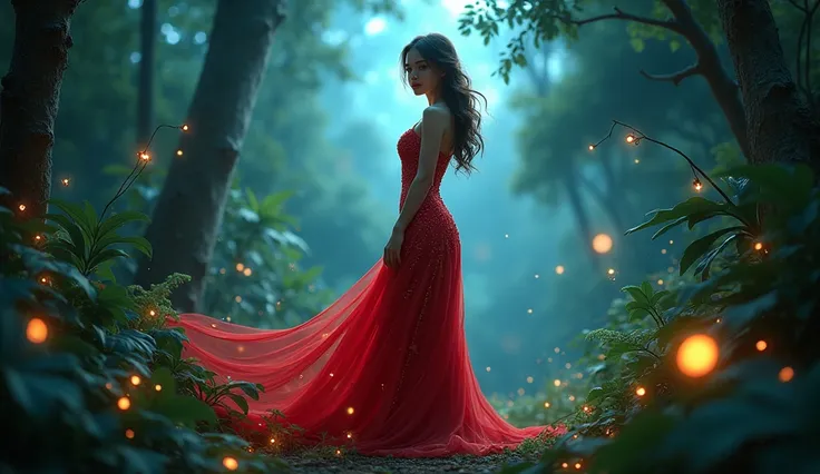 A beautiful cute  woman with accurate full body and face ,in a jungle ,moon light ,night time aesthetic ,girl wearing a very long red colour sparkling dress, some fireflies ,and some small glowing snakes in jungle