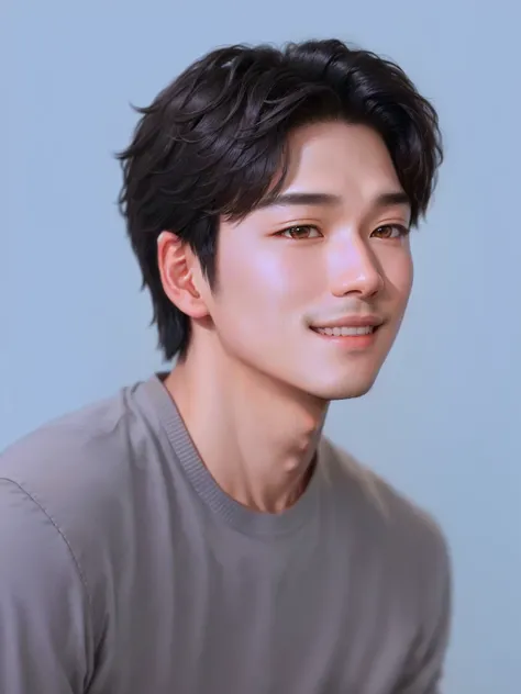 a close up of a man with a gray shirt and a smile, jinyoung shin, jung jaehyun, siwoo kim, song joong - ki portrait, hyung tae, young wan angel, charming sly smile, shin jeongho, andy park, wan adorable korean face, headshot profile picture, woo kim, taeju...