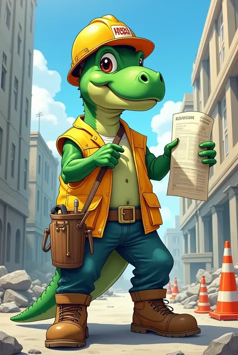 Green male trex, anime, yellow vest, building constructor, protection helmet with wrote PROBST, protection shoes, meter in the hand and carnet  