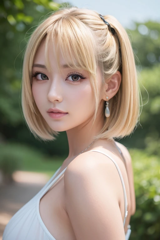 (Highest Quality 8K:1.2), (Masterpiece:1.3), 1girl, Slender Beautiful Woman:1.3, Short Hair, Big Tits, Small Face, Exposed, Sexy, Summer, Idol, Double Eyelid, Blonde Hair, Twintail, Looking Back, Outdoors, Pull Camera