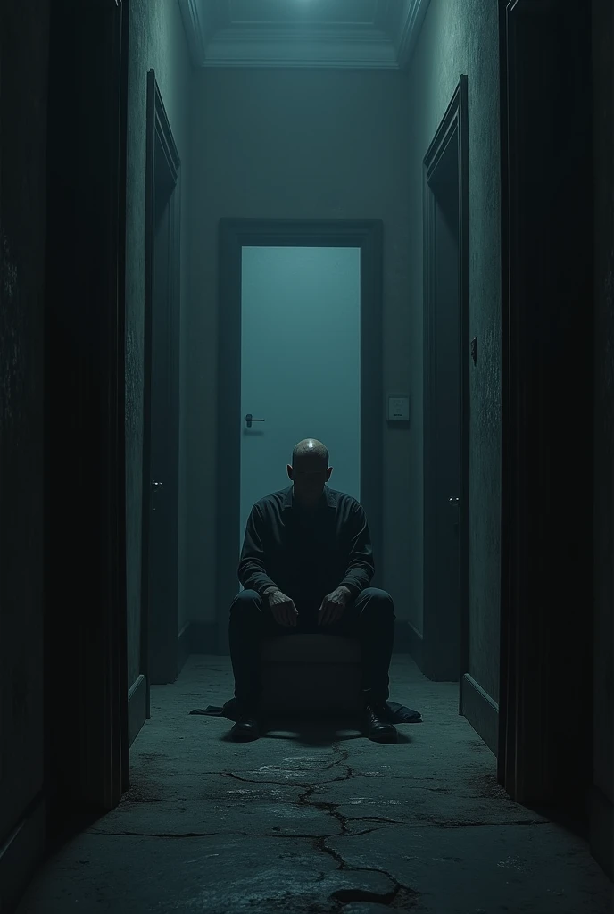 a man sitting in a dark and gloomy room with multiple empty doorways, dramatic lighting, intricate details, moody atmosphere, cinematic composition, dark fantasy, chiaroscuro lighting, muted color palette, photorealistic, 8k, high quality, masterpiece