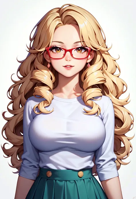 masterpiece, best quality, perfect lighting, high resolution, 1 girl, long hair, curly hair, blonde hair, red glasses, hazel eyes, nerd, unpopular girl, loser, white inner dress-shirt with beige cotton jacket over it, long teal skirt, plain and casual atti...