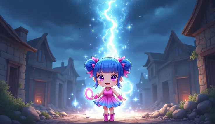 The chibi-style girl with short blue hair in buns, large purple eyes, and a confident expression is holding the glowing mirror in front of her. A bright beam of magical light reflects from the mirror, overwhelming Malvor as his dark magic disintegrates. Th...