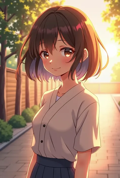 Japanese、girl、smile、Brown Hair、Slender、Short Hair、skirt、evening、beautiful、cute