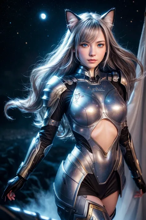 Best Quality, Face Focus, Soft Light, Ultra-high resolution, (Photorealistic:1.4), RAW Photos,Cinematic lighting,Late Elise、Golden Ratio/. Japanese Beauty（Silver armor with flame motif、Robe for Arma,Tight long skirt,Beautiful legs,Tight black long boots,20...