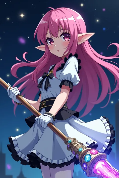 Pink long hair elf anime girl，White Gloves，short skirt dress，white pantyhose，Night sky，Gemstone huge magic wand，Anime comic style，1