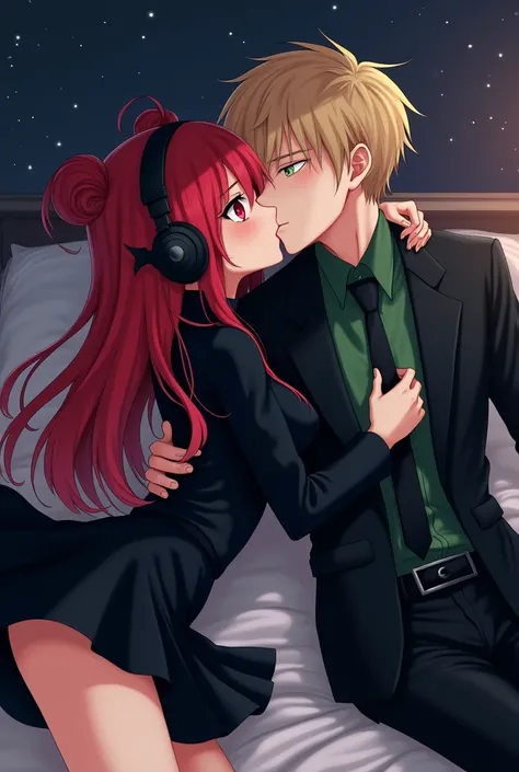 Current style anime girl under the stars with long soft red hair , angry red eyes and black turtleneck clothes with a short black skirt with a black headband with bat wings on the sides and two hair buns and headphones on the bed kissing the boy on the nec...