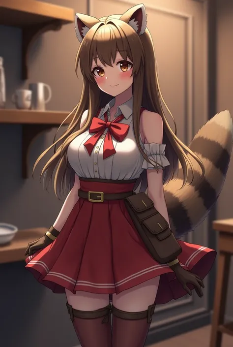 shelf, raccoon ears, raccoon girl, Animal ears, long hair, brown hair, Tail енота, Tail, gloves, коричневые gloves, belt, thigh-high boots, zettai ryuiki, Red ribbon, masterpiece, best quality, solo, кинематогshelfическое освещение, viewer&#39;s gaze, full...