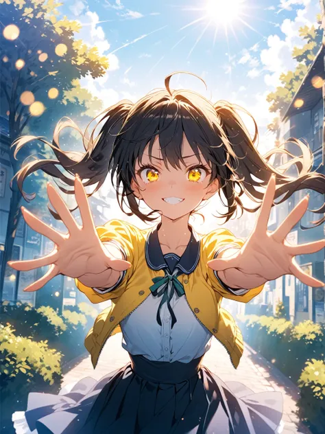 (SuperQuality:1.0), (SuperQuality:1.2), ((yellow twintails)), ((sharp yellow eyes)), (tsundere expression), (narrow eyes), high ponytails, long straight hair, white blouse, short yellow jacket, pleated skirt, athletic build, slender waist, small bust, outs...