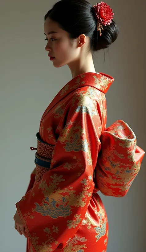 A traditional Japanese kimono, detailed and authentic, with classic patterns such as cherry blossoms, waves or dragon motifs, vibrant color, gold, realistic fabric structure and folds, side view, (best quality,4k,8k,highres,masterpiece:1.2),ultra-detailed,...