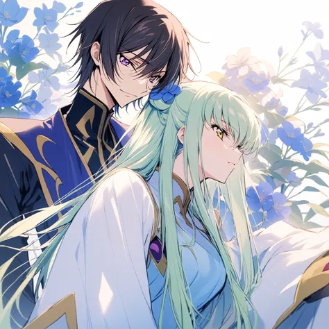 One man and one woman，Love Head，masterpiece,,The male is 1boy, male focus, lelouch vi britannia, Code Geass，The female is 1girl, c.c., Code Geass，very beautiful,Chinese Style,,Oriental Wallpaper,flower,Blue tint,Natural Light,Soft lighting，White background...