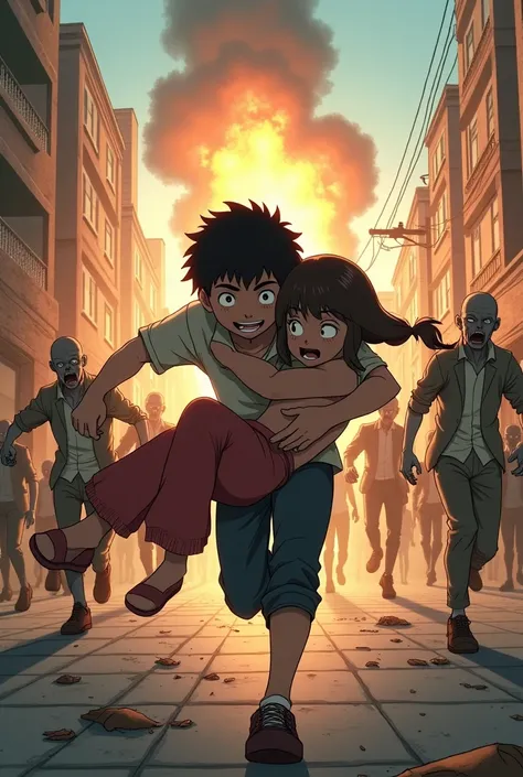 Boy running away from whole horde zombie to protect his lovely girlfriend  carrying  her in his arms in anime style and in back group car blast in air