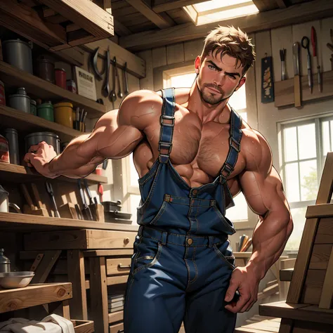 masterpiece, best quality, face, natural eyes, 1man, macho man,, muscled and mature, stephen amell as a carpenter wearing totally unbuttoned overall, sweating, tight cloth showing his muscles and bulge , full body , background wood workshop , woodwork of c...