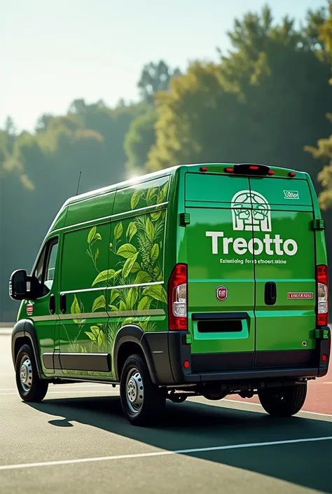 van wrapping of fiat ducato, basketball court on the side, main color of the logo and theme is green, partial wrap. lateral photo. Company name logo "Treotto". Floorings for schools and baskteball courts.