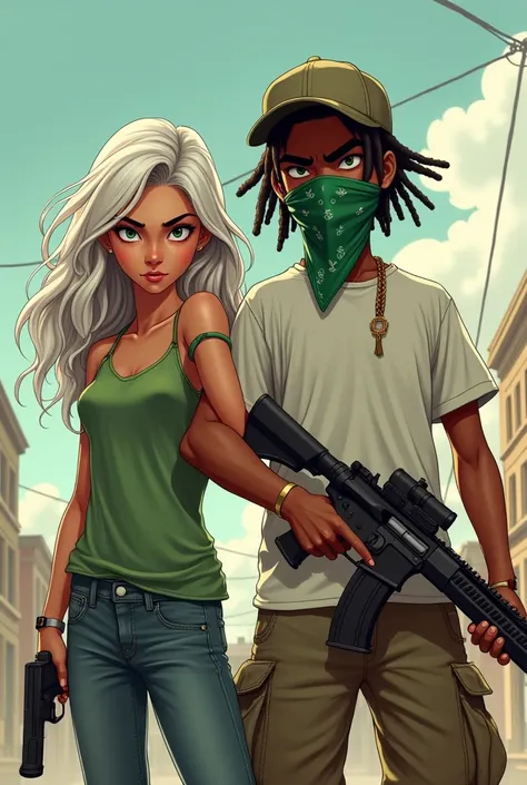 couple;
girl, white hair, long hair, wavy hair, holding pistol, green top, large black cargo pants;
Caucasian boy, braids, cap, large white t shirt, green cargo pants, green bandana mask, holding fusil;
realistic cartoon;
facing front; furious