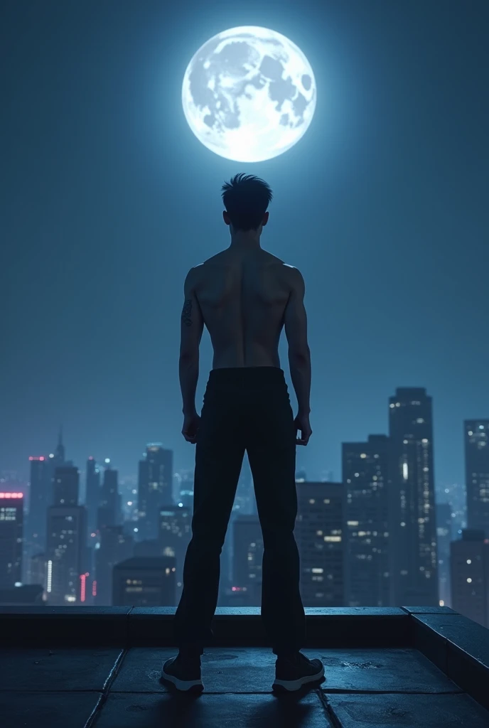 A Korean handsome boy strong enough standing on a building roof in Korea in midnight facing towards the moon 
