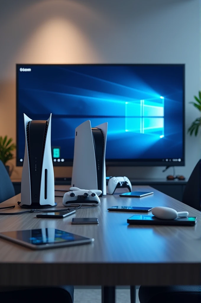 Table with cell phones and a PS5 in the background with a 65-inch TV 