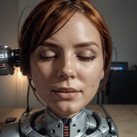 ((disembodied head on robotic stand, wires, on work table)), beautiful woman, wires, highly detailed skin, auburn hair, wearing makeup, (eyes closed), (realistic), close up, realistic soft lighting, (best image, best quality)