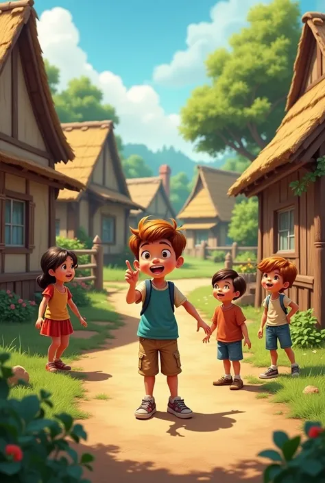 Boy with his friends in village telling his friends to come with him

