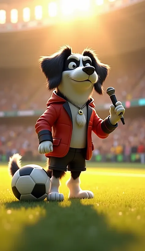 Cristiano Pawsaldo, a medium-sized dog with a shiny, flowing coat and distinctive black-and-white markings, stands proudly on a stage with a microphone, announcing the upcoming big match, with a crowd of dogs and humans in the audience, all looking eager.