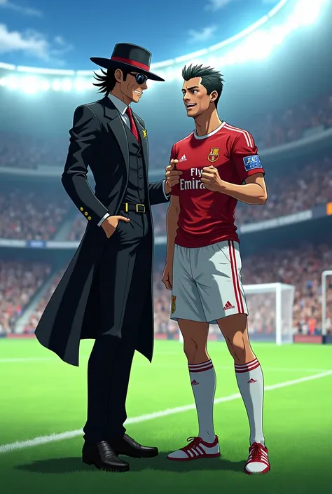 Jotaro from jojo anime celebrating with cristiano ronaldo on his 1000th goal 