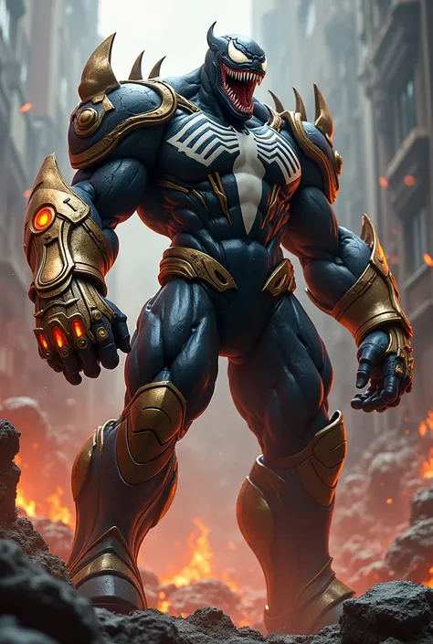 Venom with infinite gauntlet and wear a iron armer
