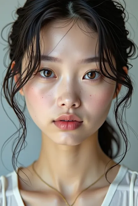 a close up of a young woman with black hair, asian face, small nose, small lips pointy nose, korean face features, detailed face of a asian girl, soft freckles, pale round face, south east asian with round face, small eyes, single eyelids, monolid eyes, wi...