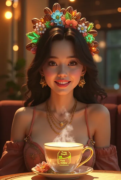 Super realistic, super detailed, close up of an extremely sexiest beautiful and charming woman sitting in the most dazzling modern luxury coffee shop with a brown and gold crystal coffee cup embossed with the words "Trung Nguyen Legend The No1 Coffee" in n...