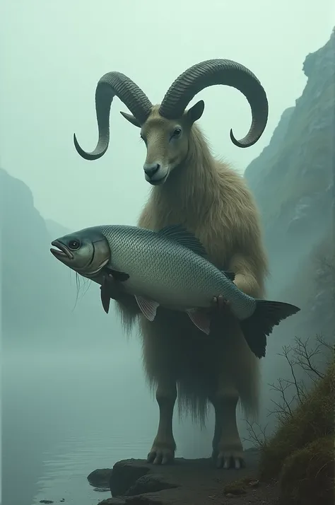 A surreal scene featuring a majestic goat with large, twisted horns standing near a foggy lakeside, holding a large fish with both hooves. The mood is mysterious, with muted colors and misty hills in the distance, evoking a blend of the fantastical and the...