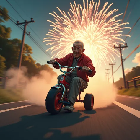 High resolution, Best Quality, Ultra high definition, Japanese Grandfather,Children&#39;s tricycle,Fast Speed,Drift,Paved road,Lots of smoke,firework,Winding Road