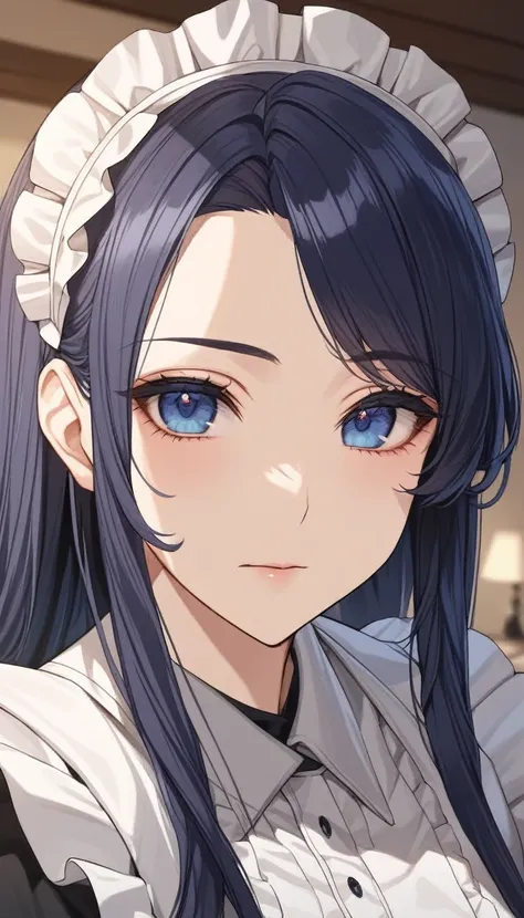 Ultra detailed, detailed face, detailed eyes. ((((One maid girl)))), (((kind))), (((attractive))), ideal face, long hair, dark blue eyes, dark blue hair, (((mature face))). Home