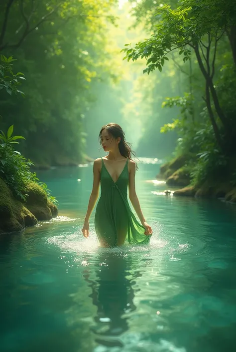 Beautiful girl swimming River green clothes