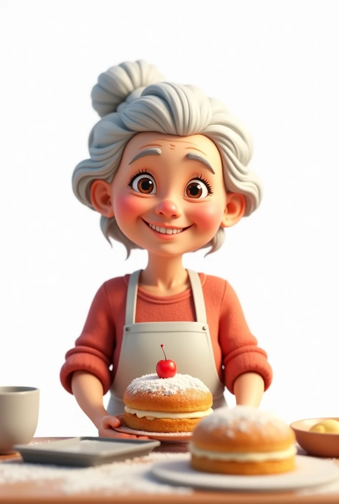 I created a cute drawing animated version, a cute grandma with a slight smile cooks with a cake in her hand. White background with older skin 