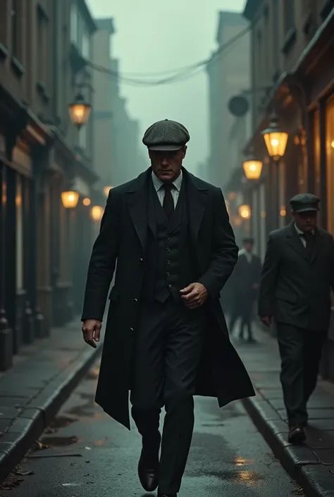 plan moyens,tommy shelbypeaky blinders, béret sur la tête, armé, marche dans une rue de 1920 avec de la fumée, du charbon