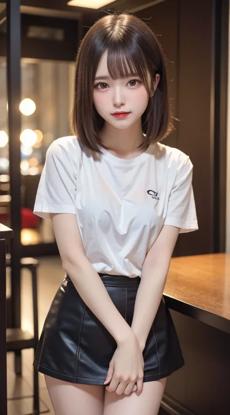 beautiful girl, Very beautiful detailed face, Laugh shyly, Deep Valley), (彼女はtシャツを着ていますAbove the knee mini skirt、:1.3), (Above the knee mini skirt.), (Panty shot)(Tight clothing), Short hair, (Beautiful Face:1.2), high quality, Realistic, Very detailed CG ...