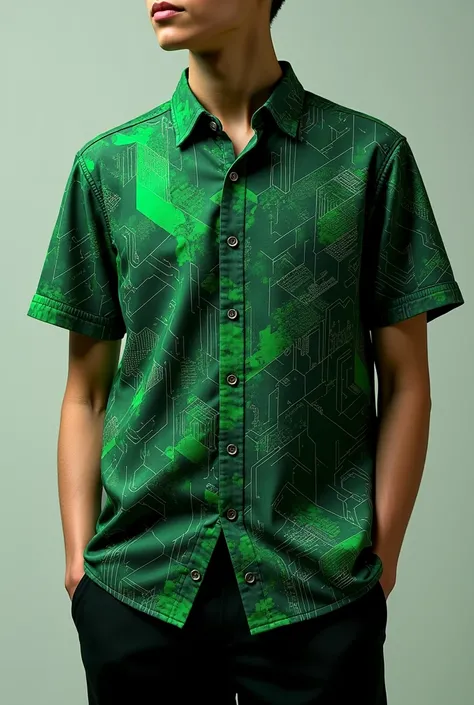 Cool green computer pattern shirt.