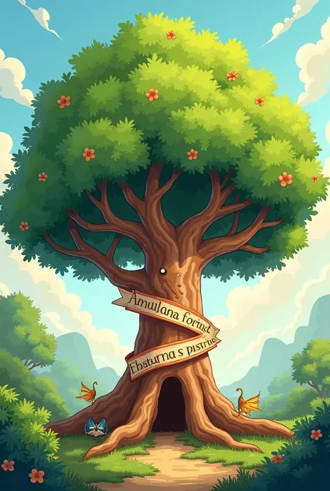 a cartoon tree with lots of branches with only 3 roots and add text ribbon in its trunk