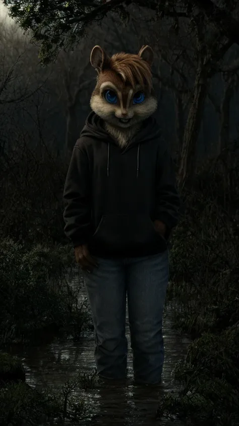 score_9, score_8_up, score_7, score_6, outdoors 
scary,, spooky swamp, brittany miller, chipmunk, blue eyes, furry, short ears, black hoodie, jeans, standing, looking at viewer, 6 inches tall