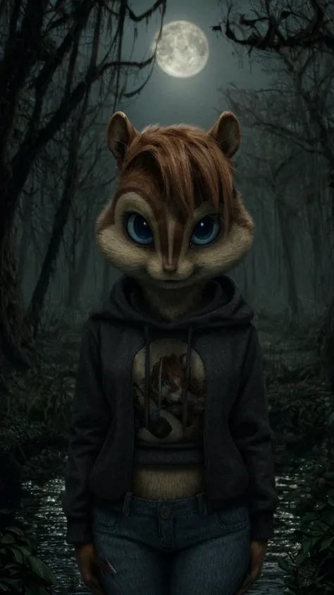 score_9, score_8_up, score_7, score_6, outdoors 
scary,, spooky swamp, brittany miller, chipmunk, blue eyes, furry, short ears, black hoodie, jeans, standing, looking at viewer, 6 inches tall