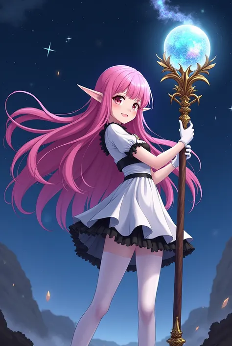 Pink long hair elf anime girl，White Gloves，short skirt dress，white pantyhose，Night sky，Gemstone huge magic wand，Anime comic style，1