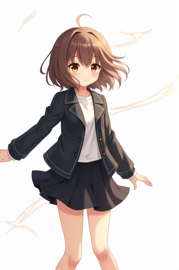 Pure white background、Brown hair is short、Black miniskirt、Black leather jacket、Brown eyes、Droopy eyes、Big eyes、Baby Face、Quiet and gentle、Dressed、Loose and cute、Lift the corners of your mouth、A graceful high school student、Controlling the Wind