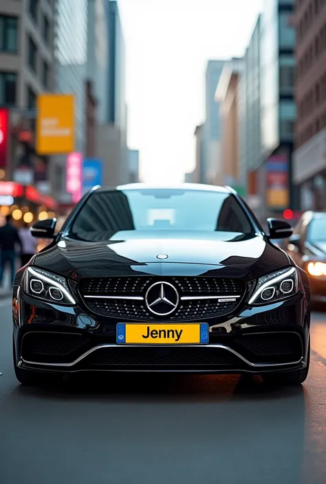 I want you to make me a photo of a Mercedes C300 with a yellow number plate on the front, the name should be "jenny", the photo should be in the city