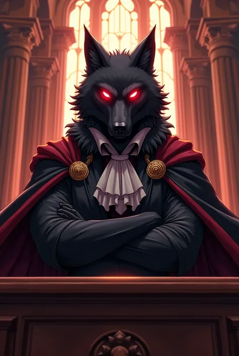 furry avatar, black wolf with red eyes, wearing a judge gown. The background is a courtroom. draw style: anime