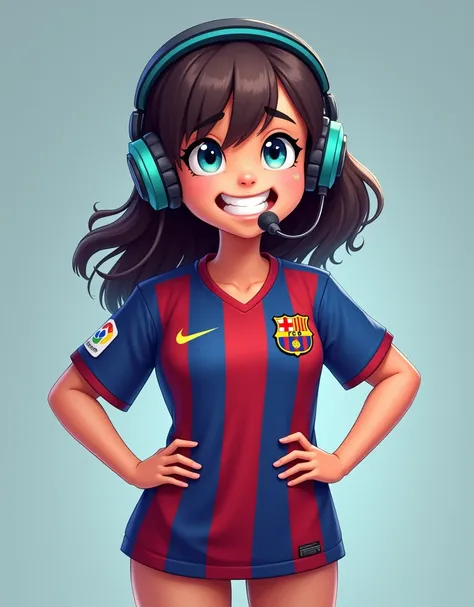 A gamer girl with headphones, a super happy gamer girl, a little fed up with the Barcelona shirt, full body,